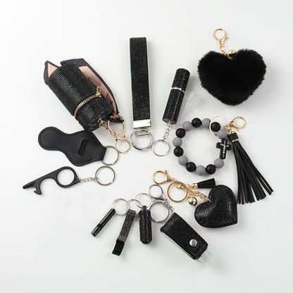 Rhinestone Keychain Set for Women 13-Piece – Safety Gadgets with Window Breaker Whistle Hand Sanitizer Holder Perfume Bottle Beaded Bracelet PU Tassel, Holiday Birthday Gift Box