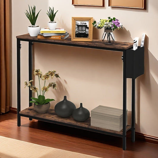 Console Table, 39.4 Inch Rustic Brown, Entryway Sofa Table with Storage Shelf, Solid Wood shown in the main product view