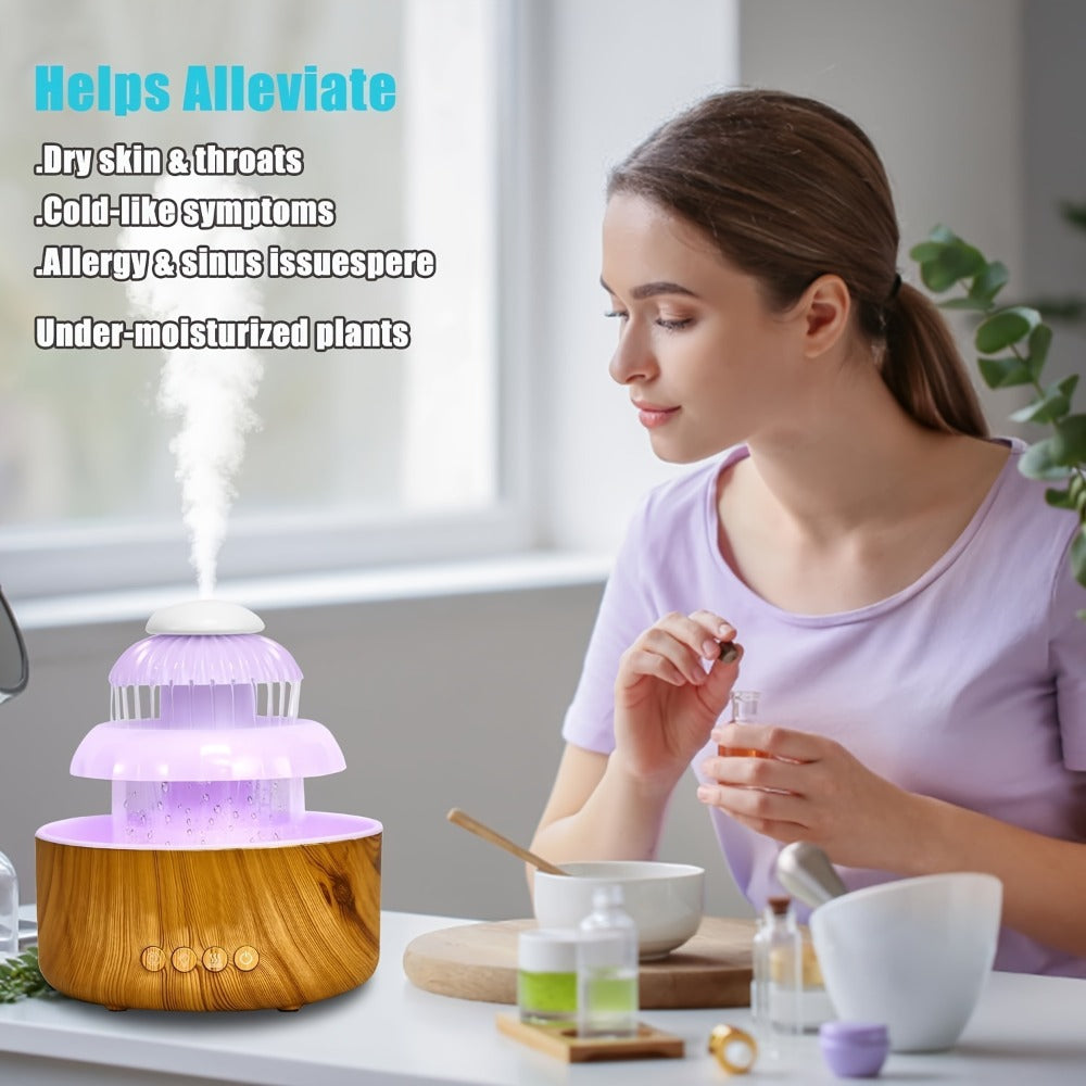 Cool Mist Humidifier with Raining Sound & 8-Color Night Light – 10-Hour Runtime, Essential Oil Diffuser, Air Humidifier for Bedroom, Home & Office, White Noise Sleep Aid, Ambient Mood Light, White