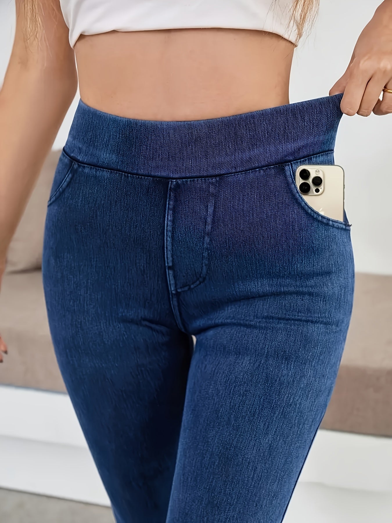 Navy Color High-Waist Slim-Fit Jeans - product view 5