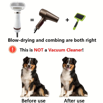 Pet Hair Dryer 2-in-1 with Self-Cleaning Slicker Brush – Portable Dog Blow Dryer for Dogs & Cats, 3 Temperature Settings, Low Noise, Fast Drying Grooming Tool for Home Use