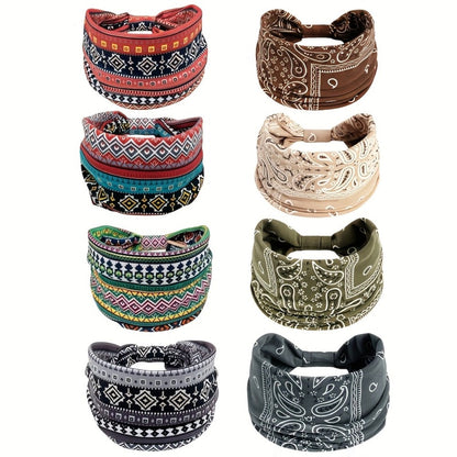 Floral Turban Headbands for Women 8 Pack Non-Slip Elastic Boho Knotted Wide Hair Wrap for Sports Yoga Running Workout Sweatband Moisture Wicking Fashion Hair Accessories Gift Set