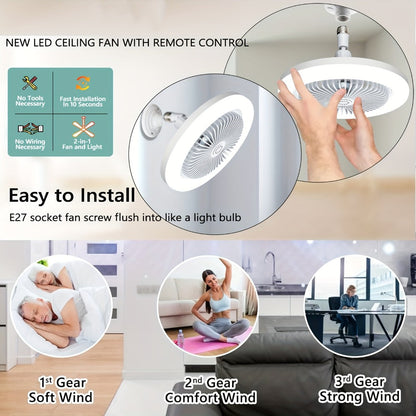 Ceiling Fan Light with Remote Control, Dimmable LED 3000-6500K, 3-Speed Fan, E26 Base, 360° Adjustable Universal Joint, Timed Night Light, Room Decor White & Gray
