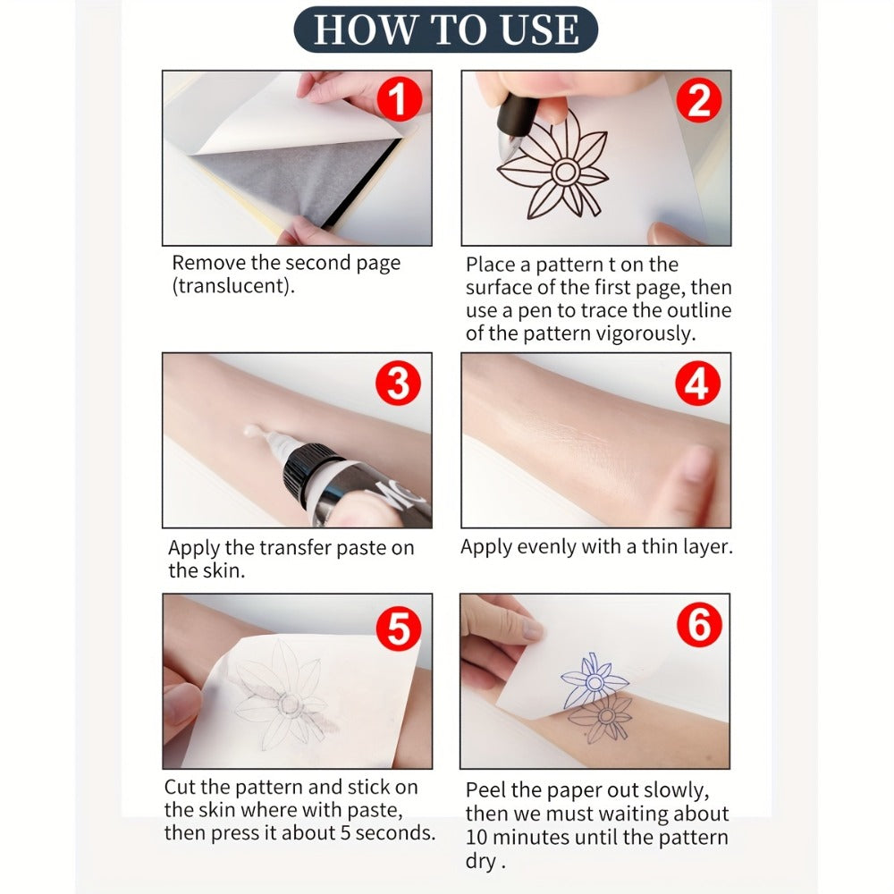 Tattoo Stencil Transfer Kit – 2x Transfer Gel, 10x A4 Blank Thermal Stencil Paper & 1x Pre-Drawn Pattern Sheet – Complete Tattoo Transfer Solution for Artists & Beginners