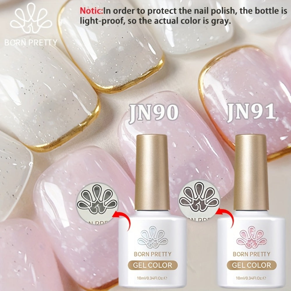 Snow Jelly Shimmer Gel Nail Polish 2pcs BORN PRETTY Semi-Permanent Soak-Off LED UV Gel Varnish Nude Pink White Glitter Long-Lasting Chip-Resistant Salon-Quality Manicure 0.34oz Each