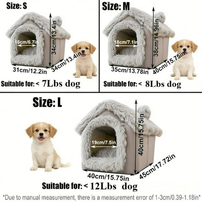 Indoor Dog House Warm Plush Semi-Enclosed – Cozy Cave Bed with Removable Pad & High-Resilience PP Filling | Non-Collapse Dog Kennel for Small Dogs, Available in Gray & Brown, Size L