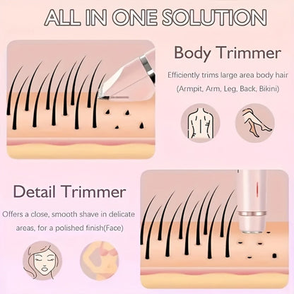 Bikini Trimmer Electric 2-in-1 Rechargeable Dual-Head Face Shaver for Women - Stainless Steel Blade USB Cordless Hair Remover for Bikini Line Face Arms Thighs Body Portable Gift