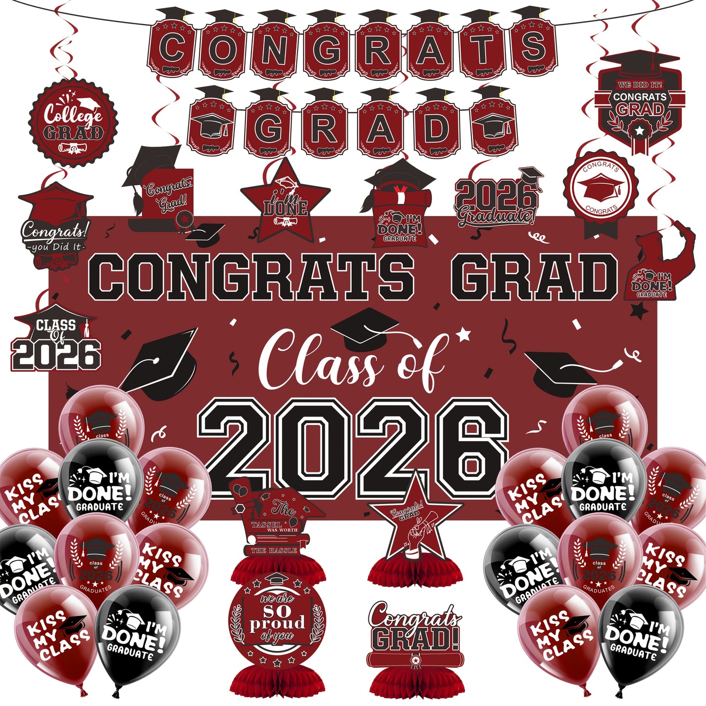 Class of 2026 Graduation Party Decorations – Complete Set with Backdrop Banner Hanging Swirls Balloons & Honeycomb Supplies, 6 Color Options Purple Maroon Blue Red Green Gold