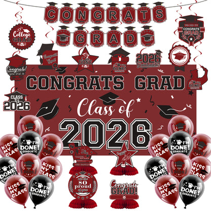 Class of 2026 Graduation Party Decorations – Complete Set with Backdrop Banner Hanging Swirls Balloons & Honeycomb Supplies, 6 Color Options Purple Maroon Blue Red Green Gold