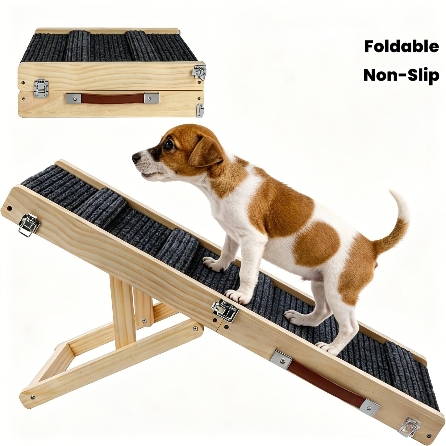 Foldable Dog Ramp for Couch & Bed – Adjustable Height 13–21 Inch, Non-Slip Pad & Wood Base, Portable Pet Stairs for Small Dogs, Puppies & Senior Dogs, Easy Carry 32in