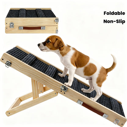 Foldable Dog Ramp for Couch & Bed – Adjustable Height 13–21 Inch, Non-Slip Pad & Wood Base, Portable Pet Stairs for Small Dogs, Puppies & Senior Dogs, Easy Carry 32in