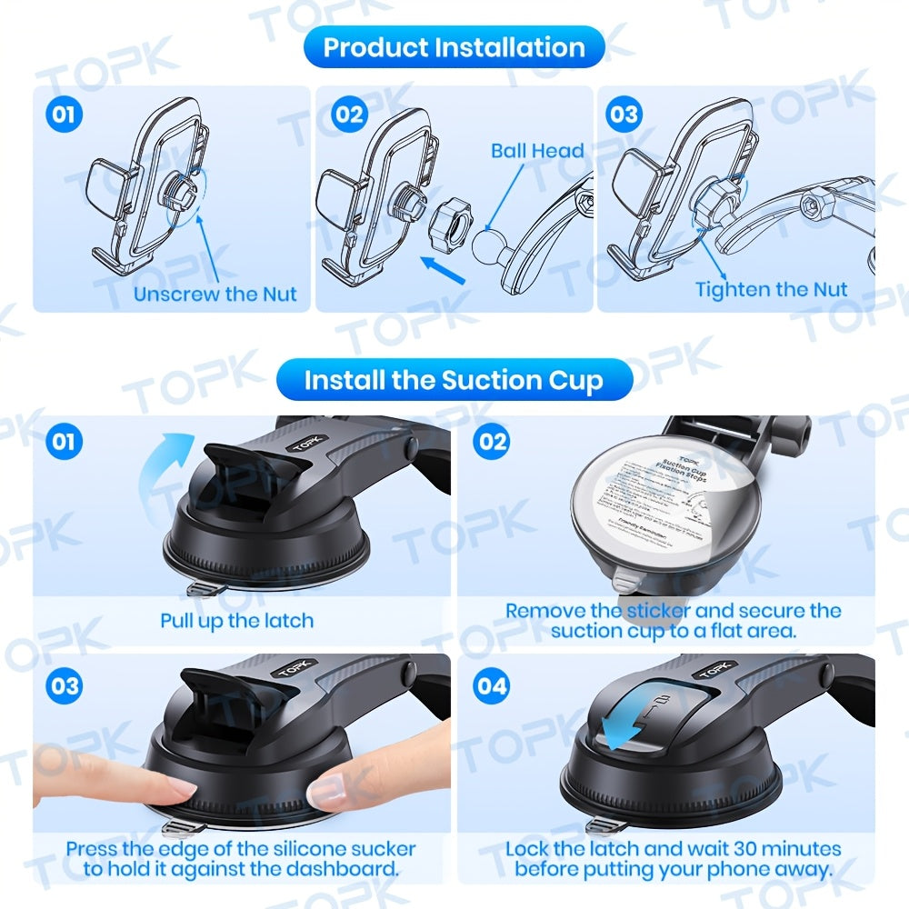 TOPK Upgrade Car Phone Holder Mount, Universal Cell Phone Car Mount for Dashboard Car Dash Mount Mobile Holder for iPhone, Samsung And All Android Smart Phones