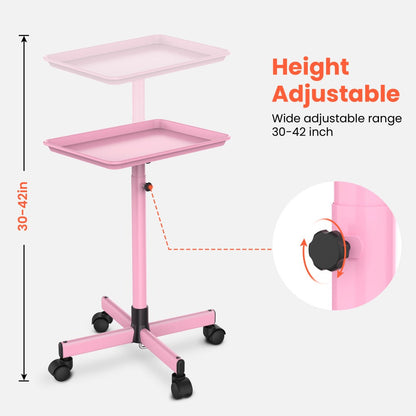 Rolling Salon Tray Cart on Wheels Adjustable Height 17.9x12.8 Inch Mobile Stylist Tray Table for Spa Tattoo Studio Blowdry Bar Aesthetic Clinic Bronze Pink