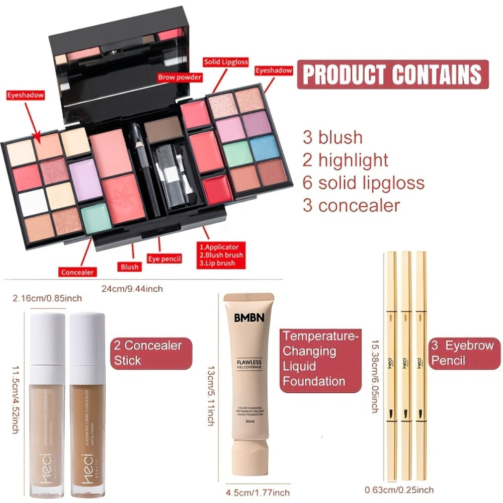 Silvery Makeup Kit Gift Box with Mirror Lipstick Eyeshadow & Blush – Multi-Functional Portable Complete Beauty Cosmetic Set for Teens Beginners Women Multiple Shades