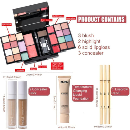 Silvery Makeup Kit Gift Box with Mirror Lipstick Eyeshadow & Blush – Multi-Functional Portable Complete Beauty Cosmetic Set for Teens Beginners Women Multiple Shades