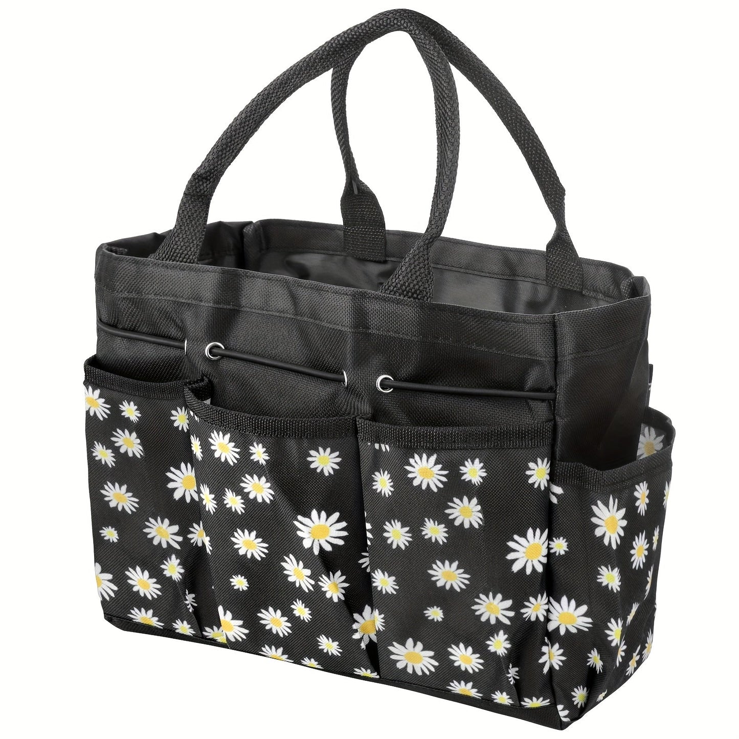 Garden Tool Bag Heavy Duty Multi-Pocket Organizer – Large Capacity Tool Storage Carrier Tote for Gardening, Lawn Care, Camping & Outdoor Work, Portable Daisy Pattern, Black & Gray (No Tools Included)