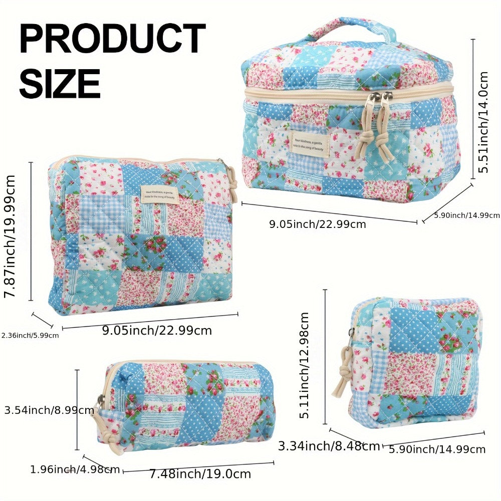 Quilted Makeup Bag Set 4-Piece Floral Rose Coquette Aesthetic Premium Cotton Cosmetic Organizer Travel Toiletry Pouch 4 Sizes for Women Girls Vanity Bathroom Gift