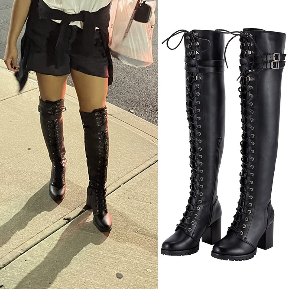 Women's Over-the-Knee Biker Boots, Faux Leather Thigh High Lace-Up Knee High Boots with Chunky Heel & Buckle, Sexy Round Toe Riding Boots in Black, US Sizes 6–10