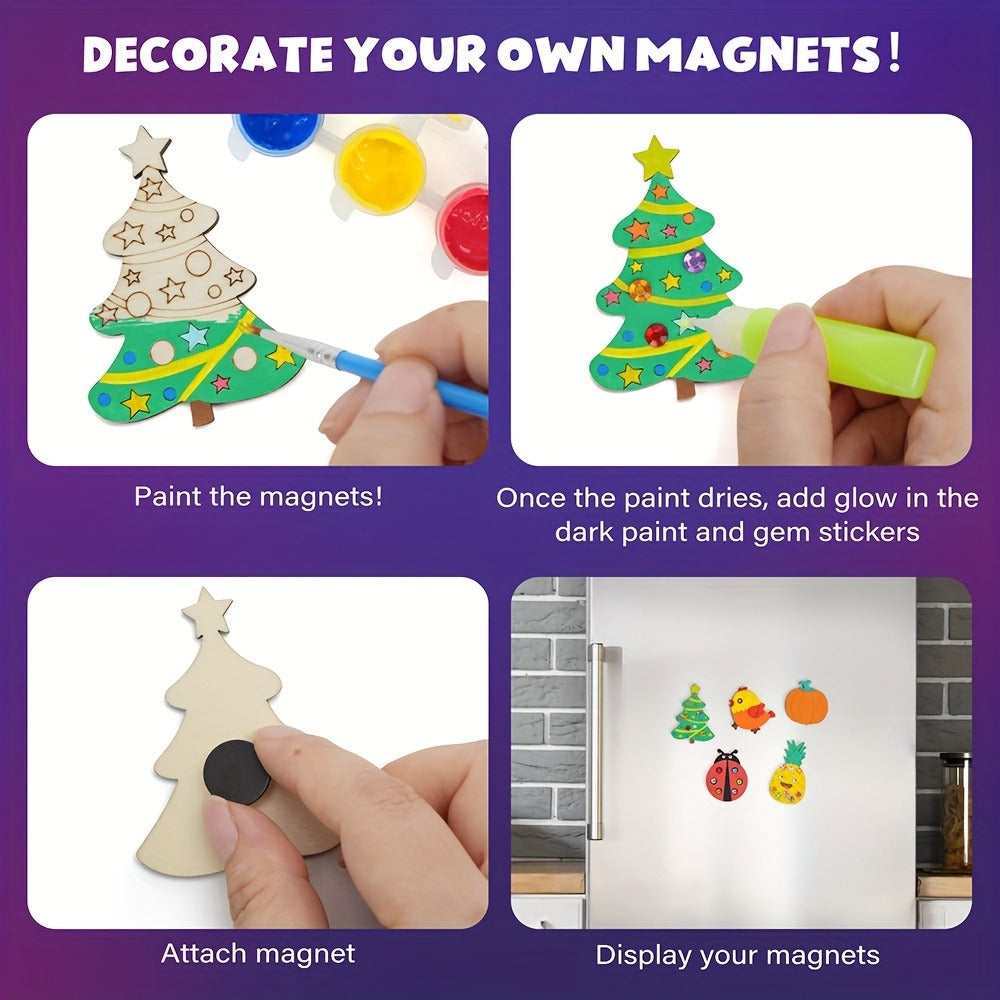 Glow in the Dark Craft Kit for Kids – 30pcs DIY Wooden Fridge Magnets Painting Set with Gem Stickers, Wood Art Activity, Party Favor Birthday Christmas Gift for Girls Boys Ages 6+