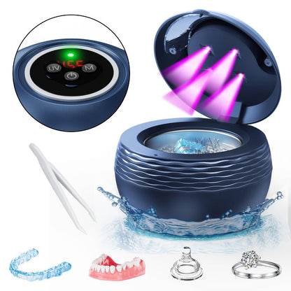 45kHz Ultrasonic Retainer Cleaner Machine with UV Sanitizer Portable Dental Cleaner for Retainers Aligners Dentures Braces Mouth Guard Jewelry 200ml Tank Chemical Free Blue Black White