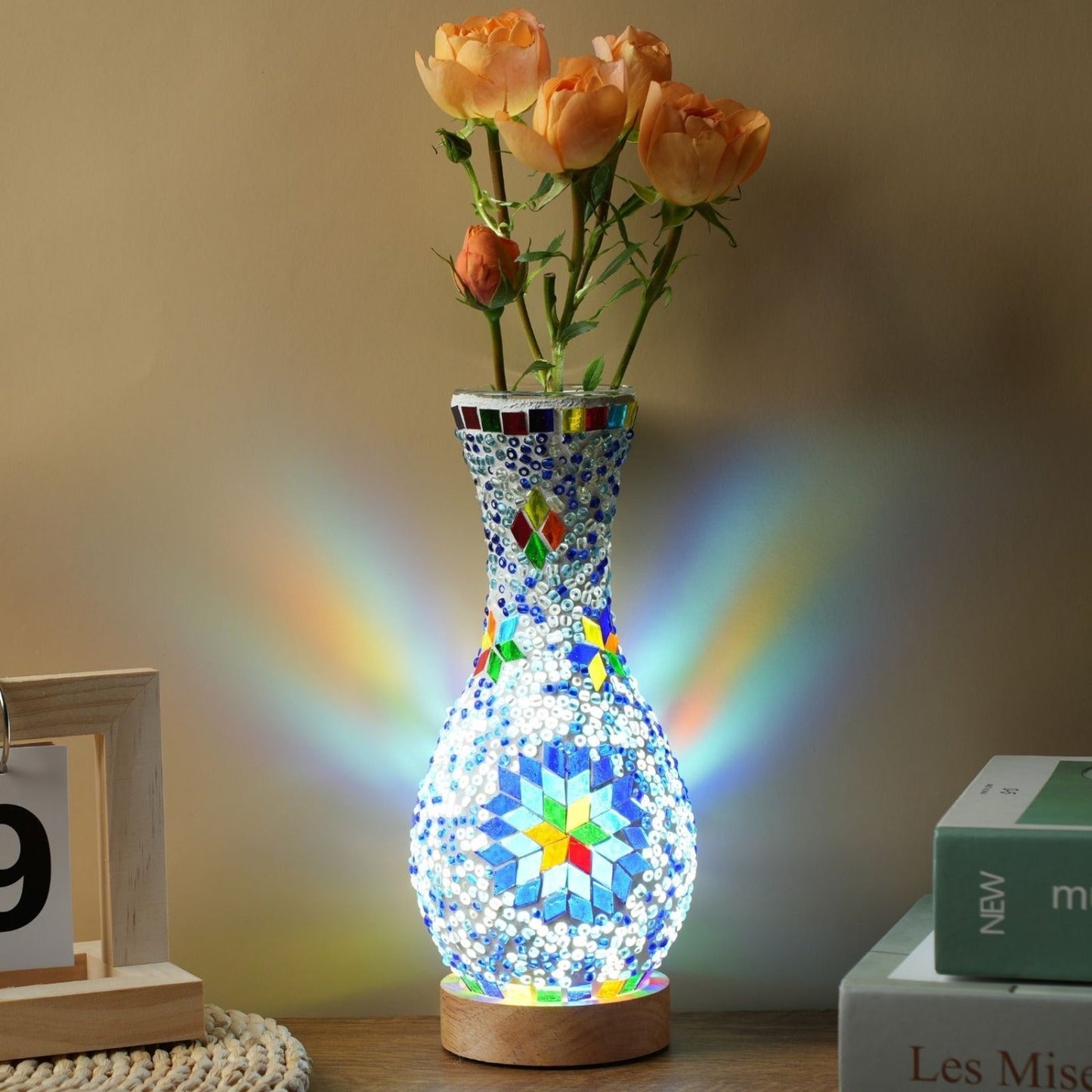Mosaic Vase Lamp Turkish Moroccan Handmade Colorful Glass Table Lamp with Wooden Base – USB Plug-In Boho Night Light, Flower Vase Lamp for Bedroom Living Room Decor, Bohemian Mosaic Desk Lamp Gift