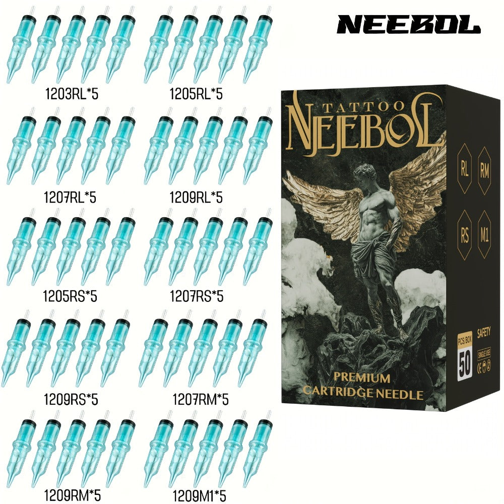 EO Sterilized Tattoo Cartridge Needles 50pcs Mixed Sizes 3RL 5RL 7RL 9RL 5RS 7RS 9RM 15RM 7M1 15M1 - Anti-Backflow Membrane Round Liner Shader Magnum for Tattoo Machine Pen & Body Art