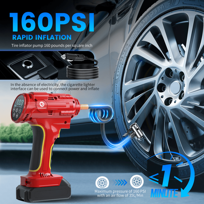 Portable Air Pump Inflator 160PSI – Auto Shut-Off, 35L/min, Dual Power (Battery/12V Car), Digital Gauge, 3-Mode LED Light for Car Tires, Bikes, Balls & Air Mattresses