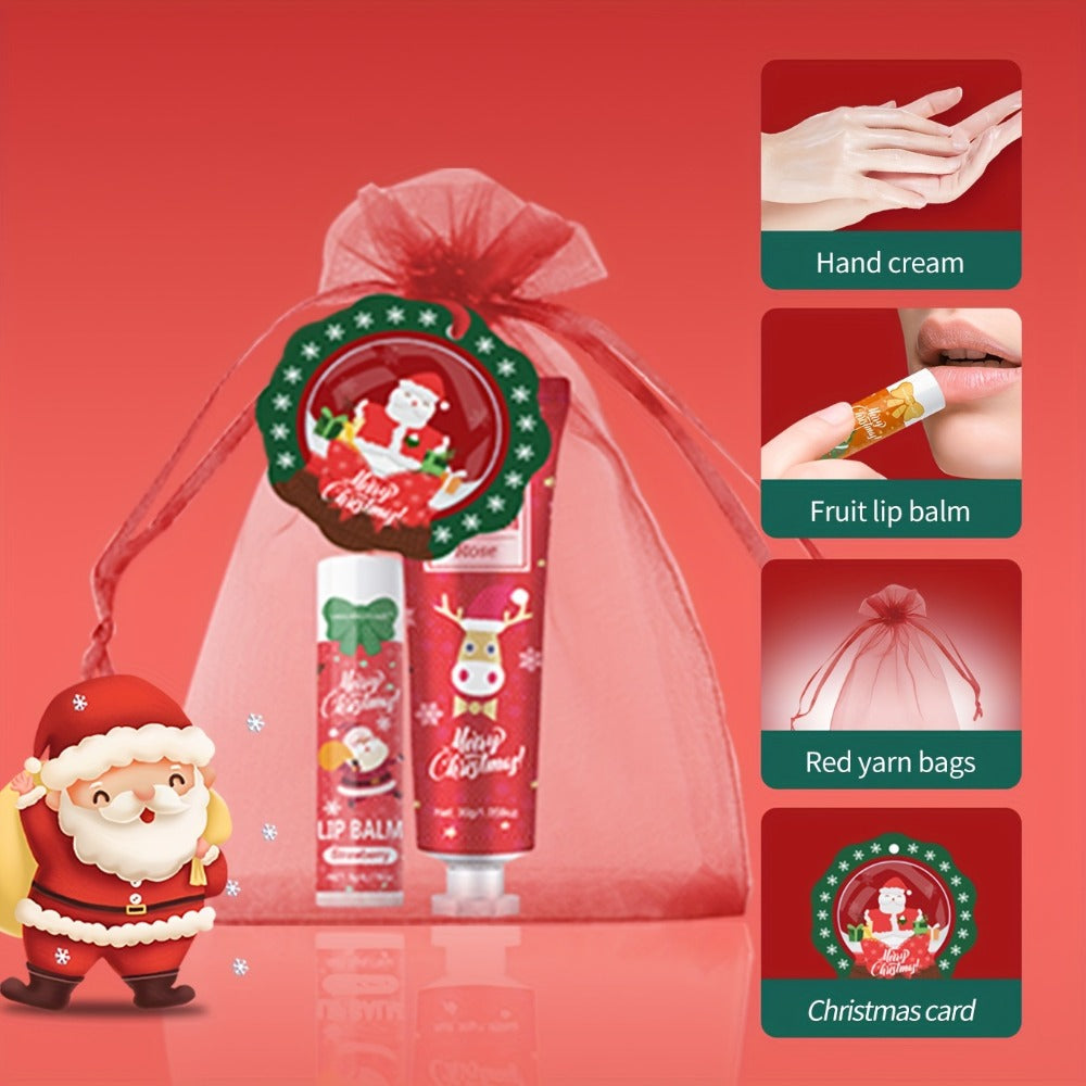 Bulk Gift Set 120 Pieces Lip Balm & Hand Cream with Red Velvet Bags & Holiday Cards — Moisturizing Party Favors for Colleagues, Employees & Friends