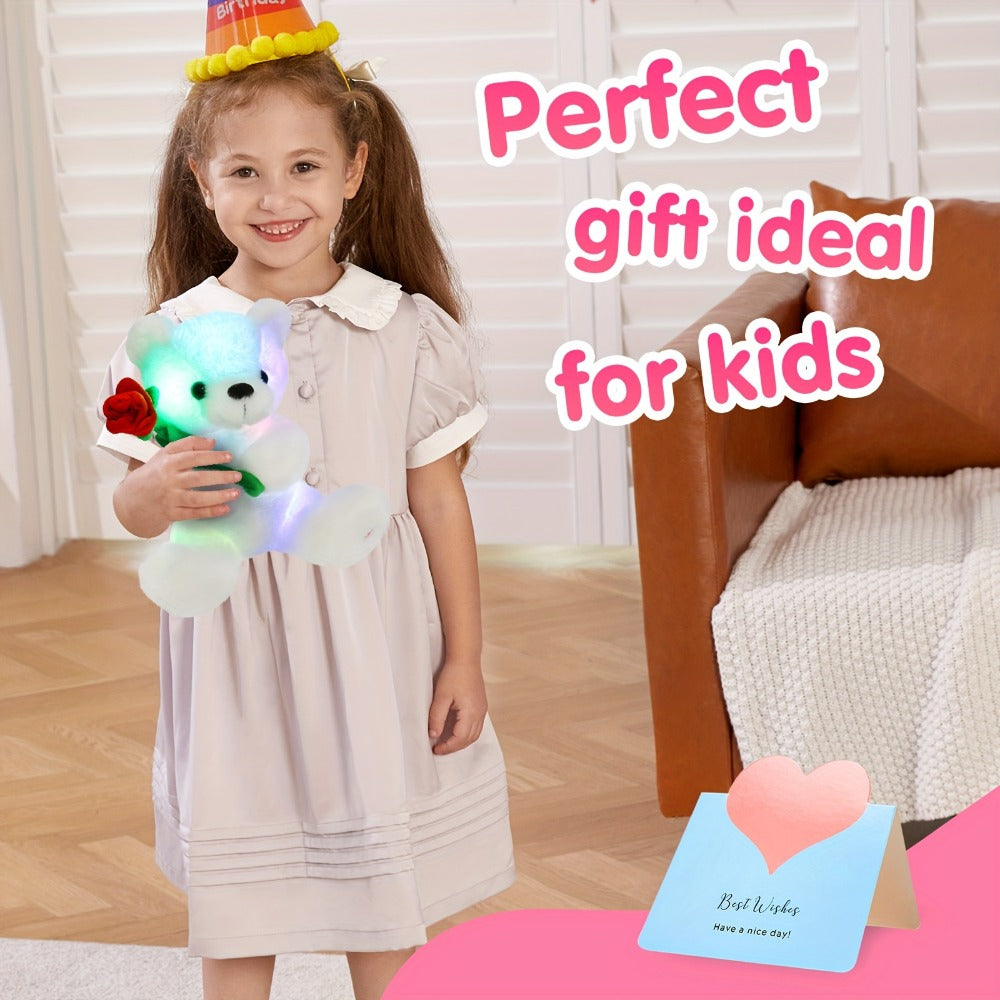 Rose Bear Plush with LED Light Glowing White Bear with Flowers Romantic Stuffed Animal Gift for Her Women Girls Girlfriend Mom Valentine's Day Mother's Day Birthday Anniversary