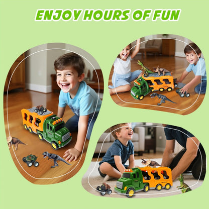 Dinosaur Transport Truck Toy Set with Lights & Sounds – 7-in-1 Dino Carrier with 3 Dinosaur Figures & 3 Monster Cars for Boys Girls Ages 3+, Battery Powered, Birthday Christmas Gift