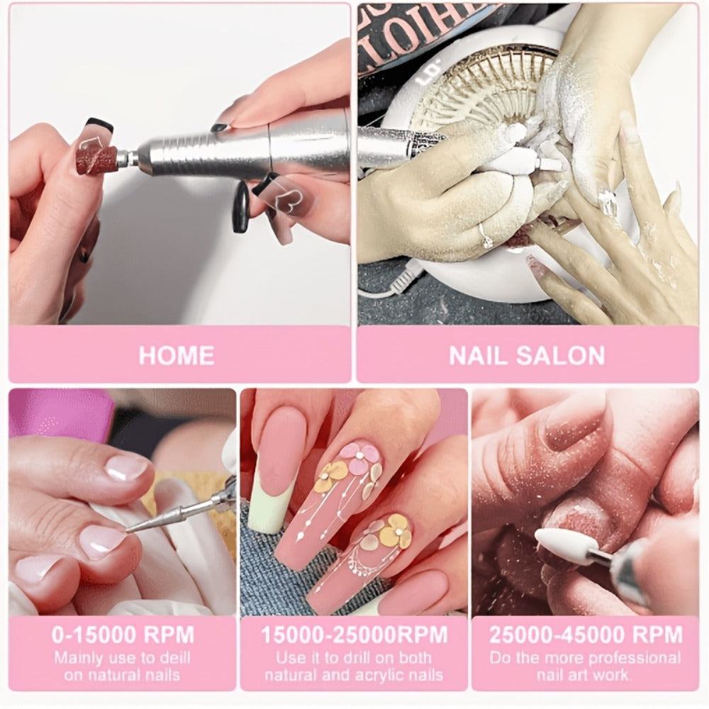 Nail Drill 45000 RPM Rechargeable Professional Electric Nail File Kit with Drill Bits Sanding Bands Low Noise Portable Manicure Pedicure Polishing Set for Salon Home Women Nail Techs