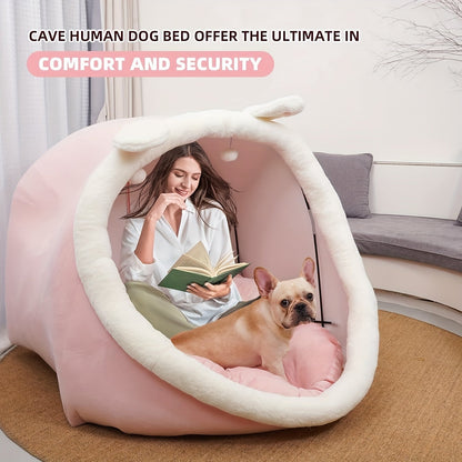 Human Dog Bed 51"x40"x30" Oversized Foldable Plush Washable Large Dog Bed with Super Soft Cushion for People & Pets, Giant Lounger Shared Bed for Large Dogs & Adults, Grey & Pink