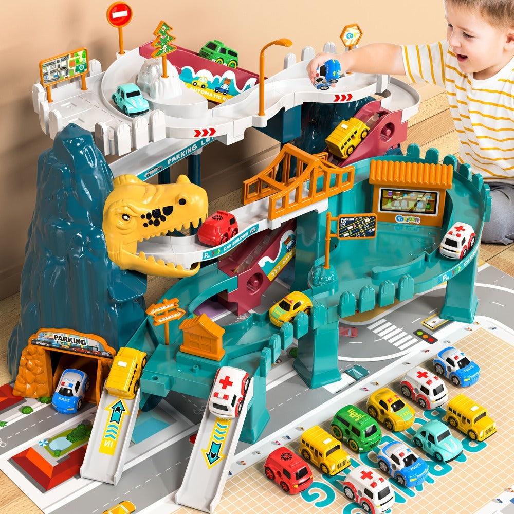 Dinosaur Race Track Toy Set for Kids with 10 Mini Cars & Ramp Launcher – Multi-Level Dino Car Racing Playset for Boys Girls Toddlers Ages 3-8 Birthday Christmas Gift