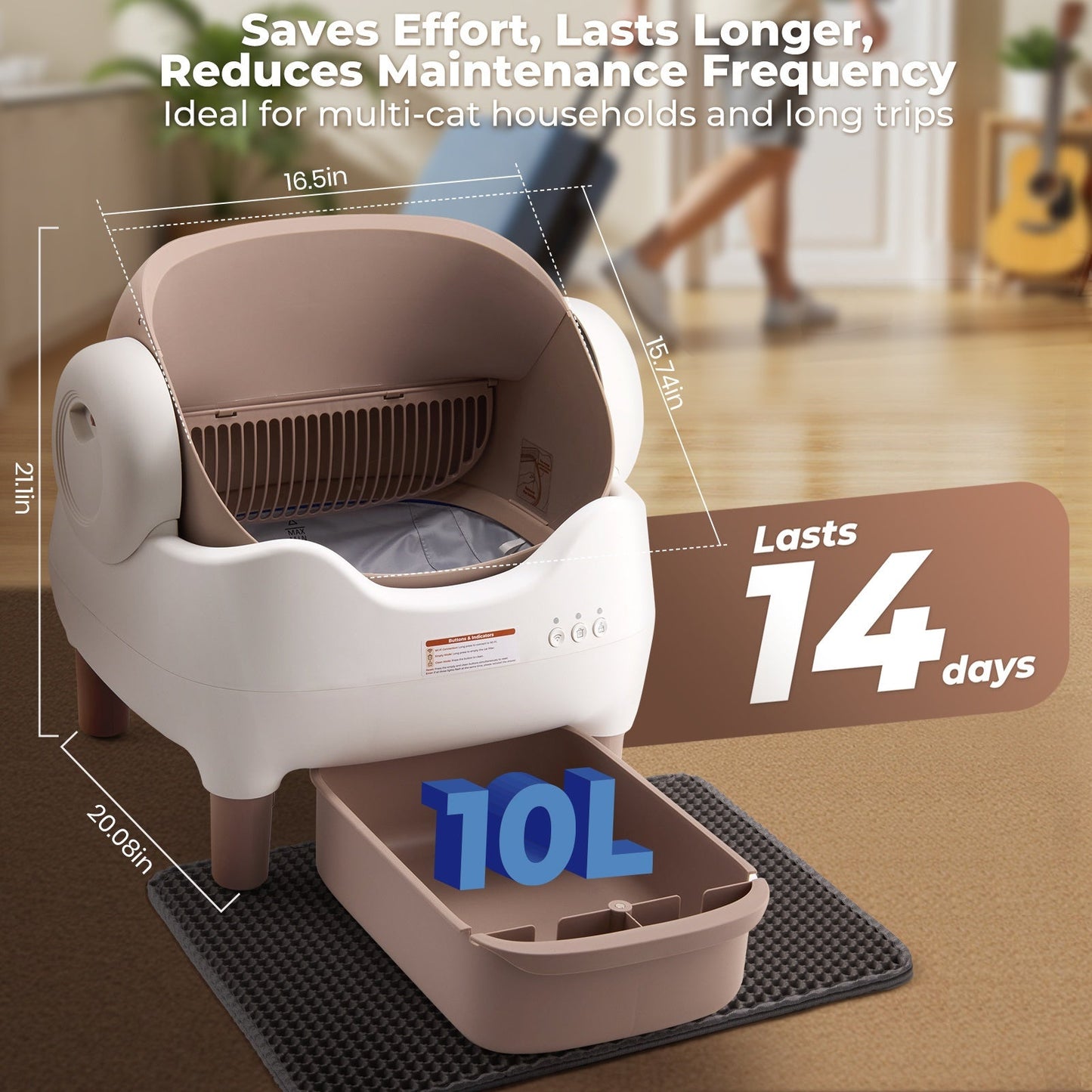 Smart Self-Cleaning Cat Litter Box – App Control, Open-Top Design, 10L Waste Bin, Ultra-Quiet <20dB, Infrared Safety Sensors, Kitten Mode for Multi-Cat Homes