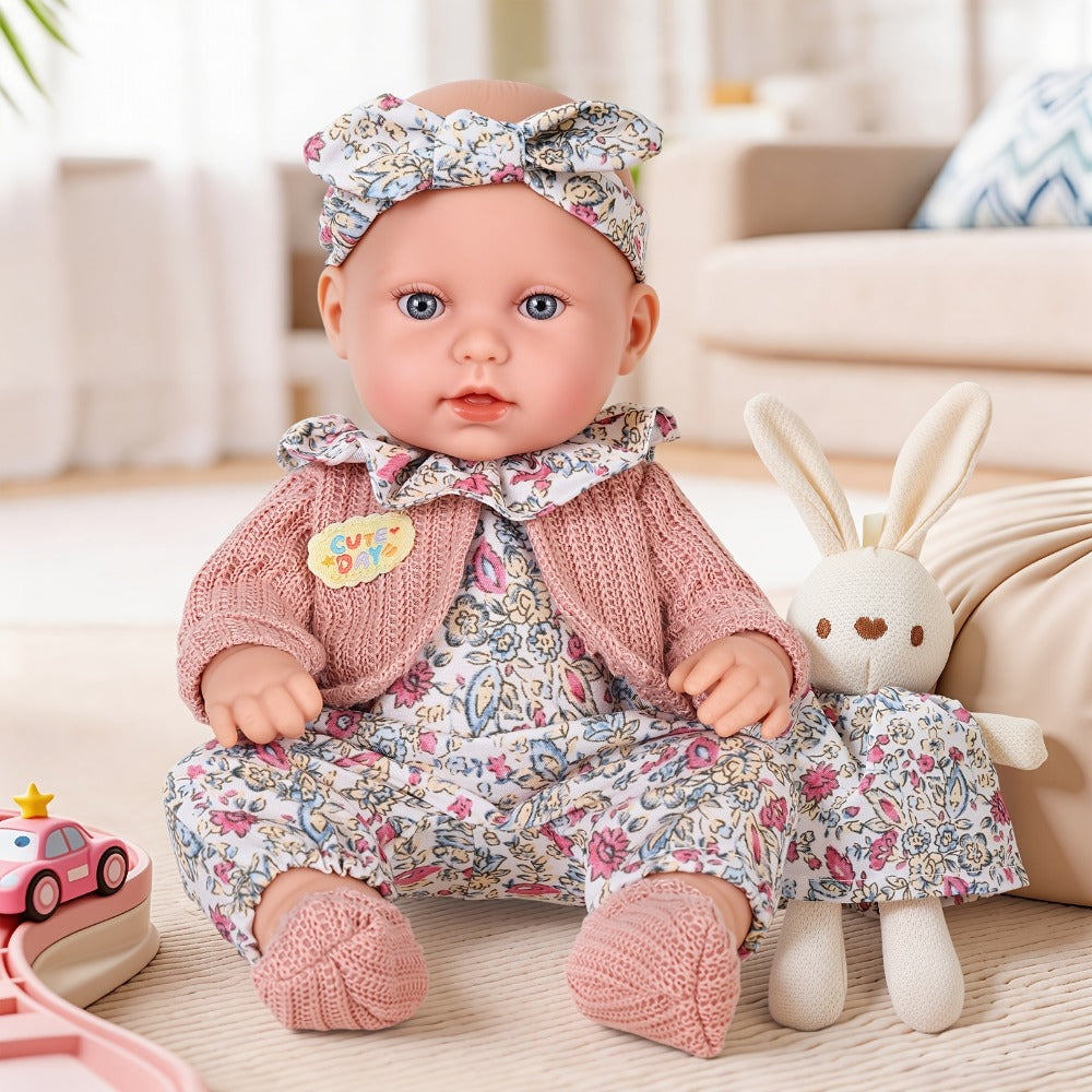 Floral Dress Baby Doll 12 Inch with Rabbit Plush Toy Gift Set – Realistic Vinyl Doll with Floral Outfit, Headscarf, Socks & Bunny Toy, Creative Dress-Up Playset for Girls Ages 3+, Birthday Holiday Gift