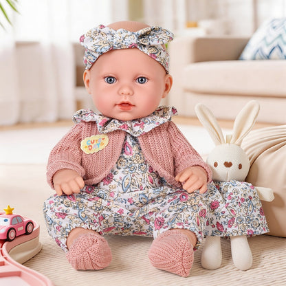 Floral Dress Baby Doll 12 Inch with Rabbit Plush Toy Gift Set – Realistic Vinyl Doll with Floral Outfit, Headscarf, Socks & Bunny Toy, Creative Dress-Up Playset for Girls Ages 3+, Birthday Holiday Gift