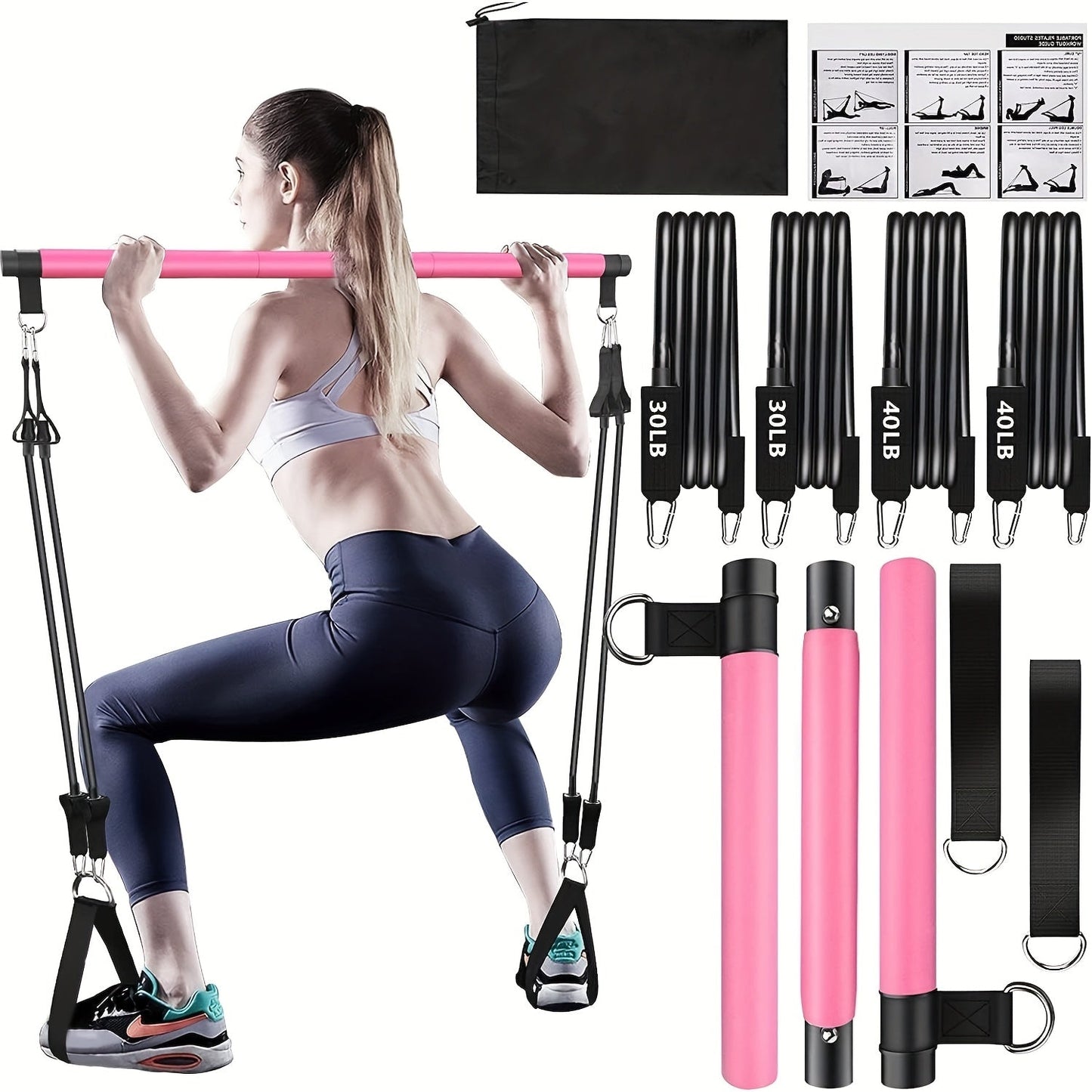 Resistance Band Pilates Bar Kit 8-Piece – 150LB Bands, Ankle Straps & Drawstring Bag, Portable Home Gym Fitness Set for Full Body Workout for Men & Women