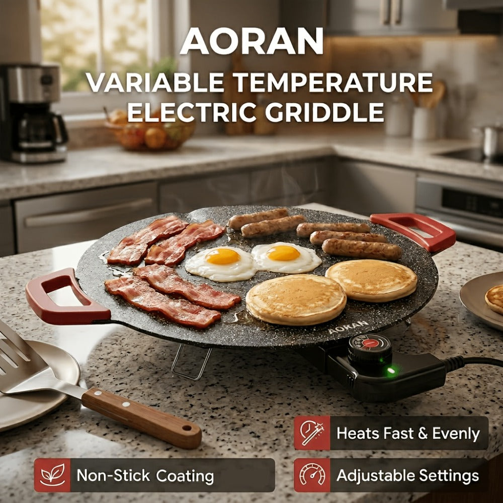 Electric Griddle Non-Stick with Adjustable Temperature – 14.17" & 15.75" Sizes, Fast Heating for Pancakes, Crepes, Pizza & BBQ, Easy Clean Portable Cooking Pan for Breakfast & Family Meals