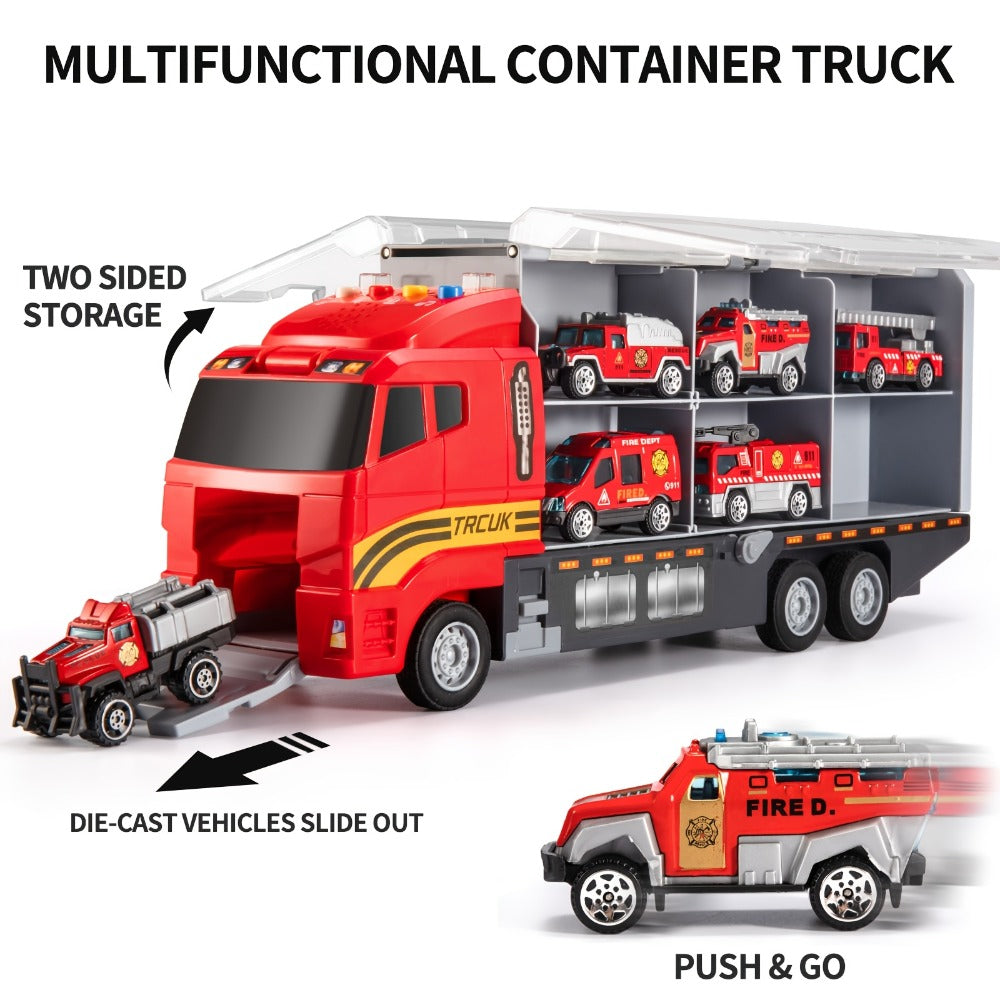Fire Truck Toy Set for Kids Ages 3-6 – Die-Cast Metal Carrier Truck with Play Mat, Emergency Vehicle Collection, Birthday Christmas Gift for Boys Girls