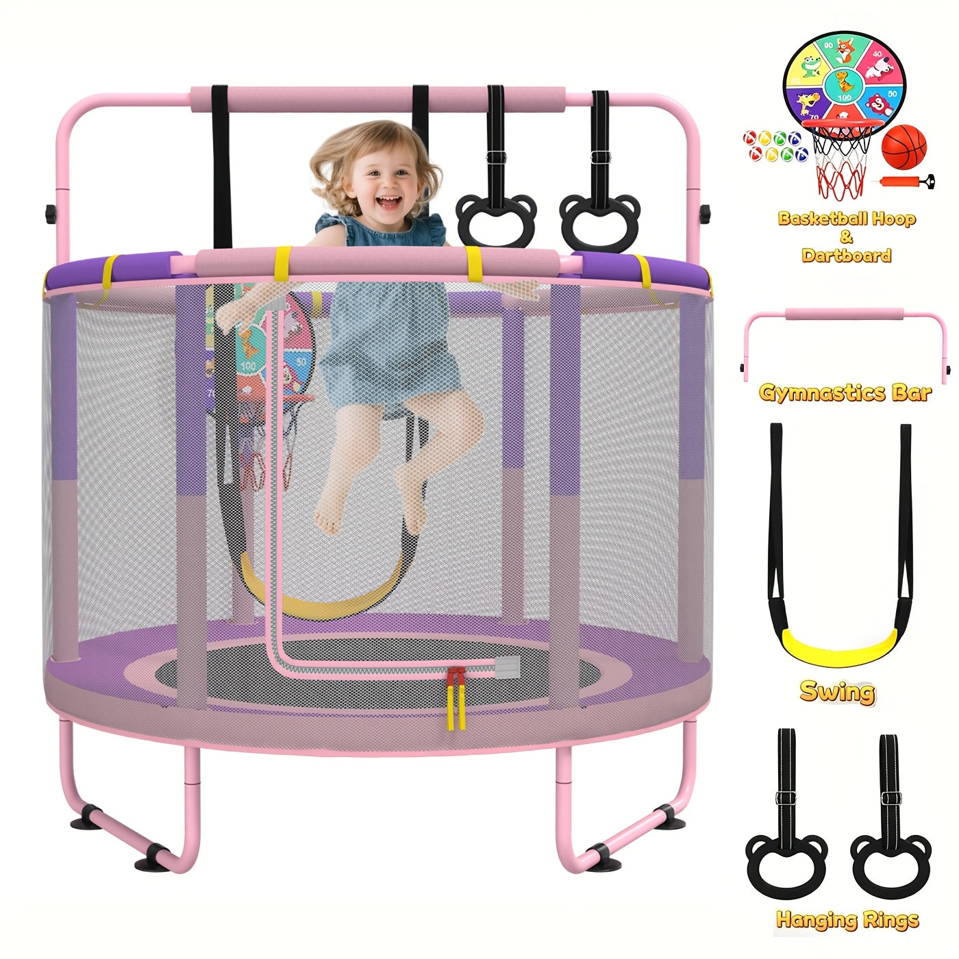 60 Inch Kids Trampoline 6-in-1 with Safety Net Enclosure, Basketball Hoop, Swing, Dart Board & Gymnastic Rings – Indoor Outdoor Toddler Trampoline for Boys Girls, 5ft Fun Activity Center