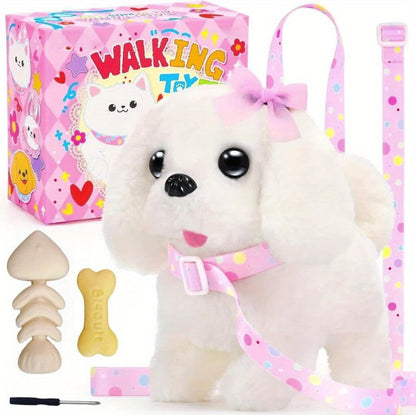 Walking Barking Dog Toy Electronic Interactive Puppy Plush with Tail Wagging Leash Bow Soft Stuffed Animal Birthday Christmas Easter Gift for Kids Girls Toddlers