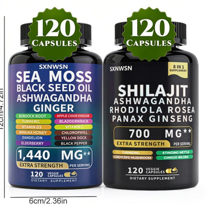Adaptogen Energy Supplement with Sea Moss & Shilajit – 7-in-1 Formula with Black Seed Oil, Ashwagandha, Rhodiola Rosea, Panax Ginseng & Ginger for Energy, Immunity & Vitality – 240 or 480 Capsules for Men and Women