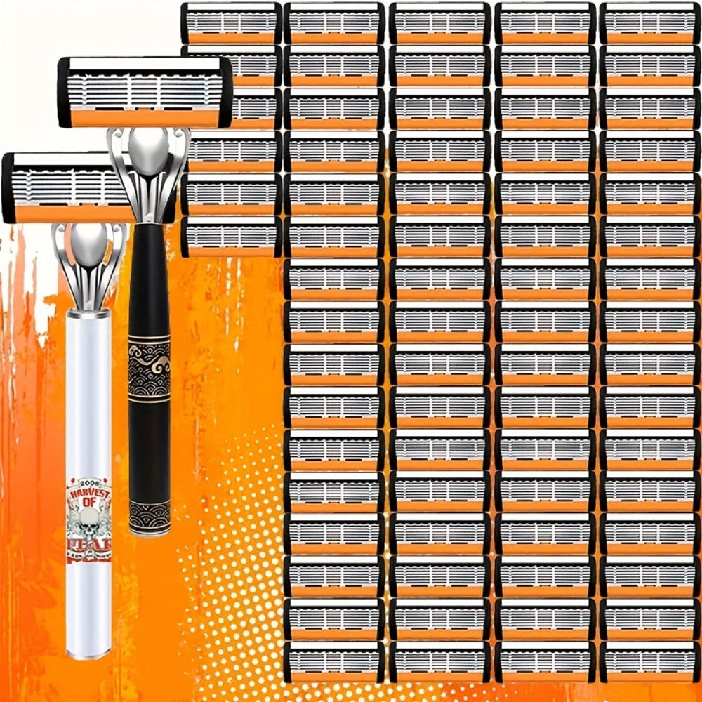 Men's Safety Razor Set 72 Blades 2 Non-Slip Handles Progressive Classic Style Painless Shaving Kit – Close Shave Replacement Blade Razor for Daily Face Neck Grooming, Birthday Father's Day Gift for Him