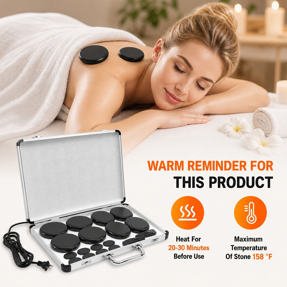 18-Piece Basalt Hot Stone Massage Set with Warmer — 4 Sizes for Full Body Deep Relaxation, Professional Therapist & Home Spa Stone Therapy Kit, Temperature Control Heater