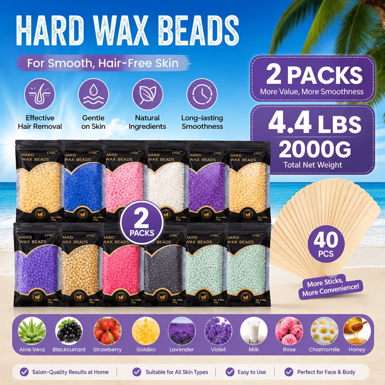 Hard Wax Beads for Hair Removal Full Body 1000g/2000g — Professional Waxing Kit with 20 Applicator Sticks, Low Melting Point Beginner-Friendly Depilatory Wax for Sensitive Skin, Unisex Women & Men
