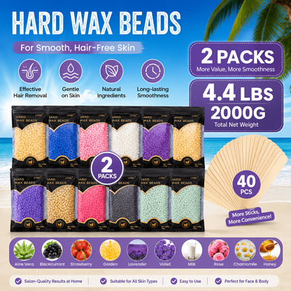 Hard Wax Beads for Hair Removal Full Body 1000g/2000g — Professional Waxing Kit with 20 Applicator Sticks, Low Melting Point Beginner-Friendly Depilatory Wax for Sensitive Skin, Unisex Women & Men