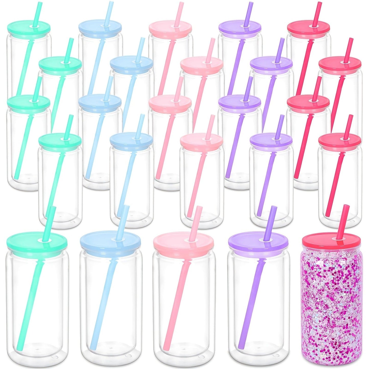16oz Plastic Cups with Lids and Straws Bulk 25pcs Set Clear Flat Bottom Tumbler Single or Double Wall for Iced Coffee Boba Water Juice Party Favors Christmas Gifts