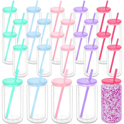 16oz Plastic Cups with Lids and Straws Bulk 25pcs Set Clear Flat Bottom Tumbler Single or Double Wall for Iced Coffee Boba Water Juice Party Favors Christmas Gifts
