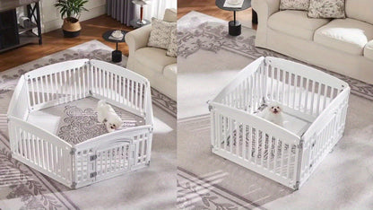 Dog Pen 4 Panel with Non-Slip Bottom & Safety Locking Door - Portable Expandable Indoor Outdoor Pet Pen for Medium Dogs & Puppies, Lightweight Durable Puppy Enclosure in Black & White