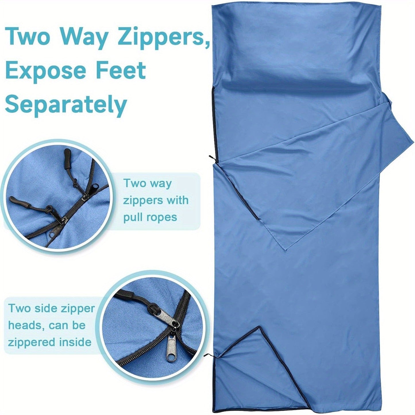 Sleeping Bag Liner for Adults – Two-Way Zipper Sleep Sack with Foot Exposure, Lightweight Portable Travel Sheet for Camping, Hiking, Hotel & Hostel Use, Single Size, Machine Washable